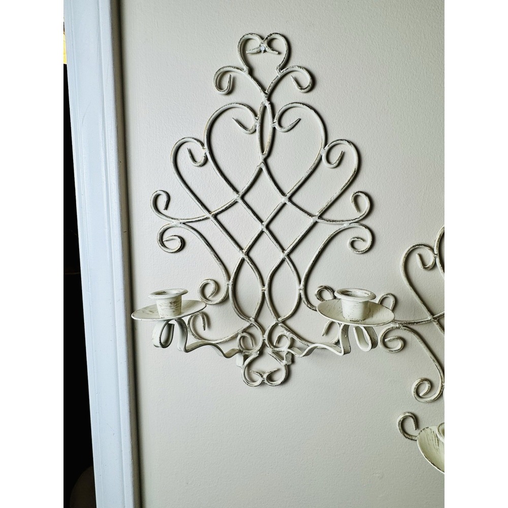 VTG‎ 2 Wrought Iron 90s Taper Dual Candle Wall Sconces Cream Country Cottagecore